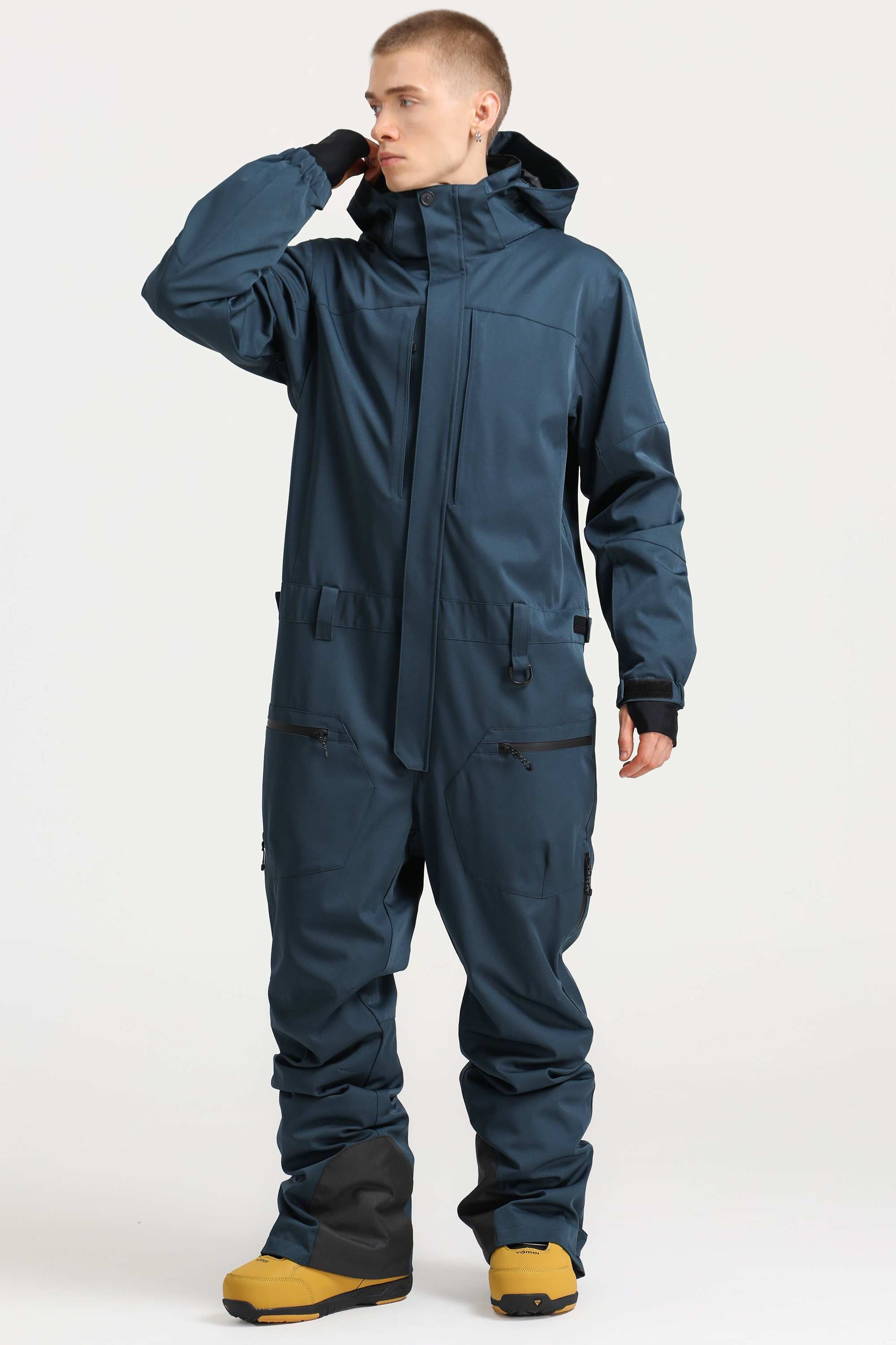 Men's Peacock Blue Stylish Waterproof & Windproof Loose-Fit One-Piece Ski Suit With Detachable Hood & Multipockets Snowboard Suit - Gsou Snow