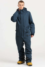 Men's Peacock Blue Stylish Waterproof & Windproof Loose-Fit One-Piece Ski Suit With Detachable Hood & Multipockets Snowboard Suit - Gsou Snow