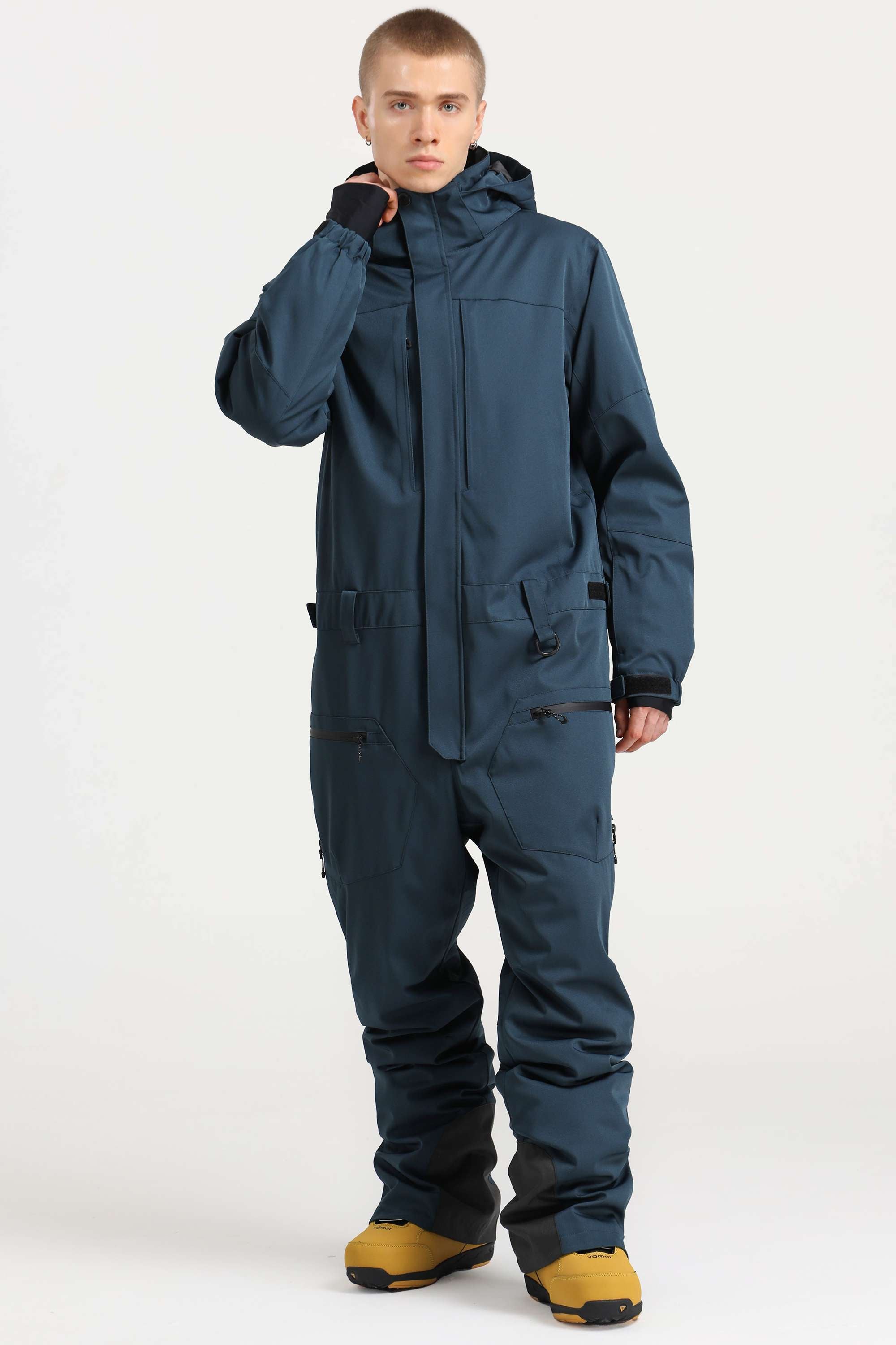 Men's Peacock Blue Stylish Waterproof & Windproof Loose-Fit One-Piece Ski Suit With Detachable Hood & Multipockets Snowboard Suit - Gsou Snow