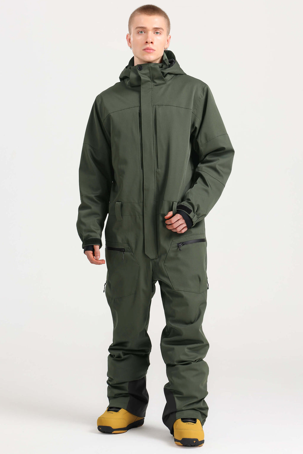 Men's Army Green Stylish Waterproof & Windproof Loose-Fit One-Piece Ski Suit With Detachable Hood & Multipockets Snowboard Suit - Gsou Snow