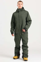 Men's Army Green Stylish Waterproof & Windproof Loose-Fit One-Piece Ski Suit With Detachable Hood & Multipockets Snowboard Suit - Gsou Snow