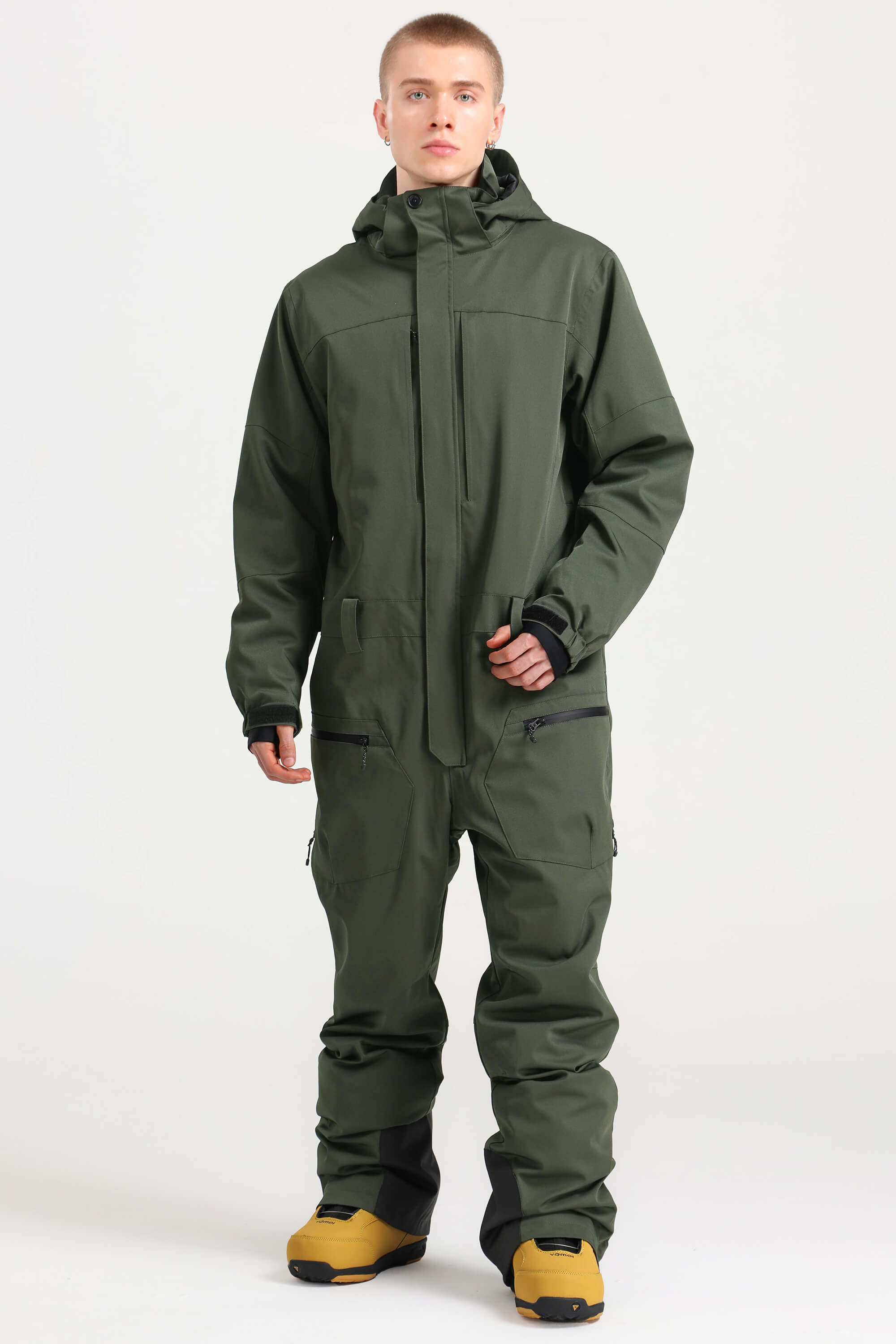 Men's Army Green Stylish Waterproof & Windproof Loose-Fit One-Piece Ski Suit With Detachable Hood & Multipockets Snowboard Suit - Gsou Snow
