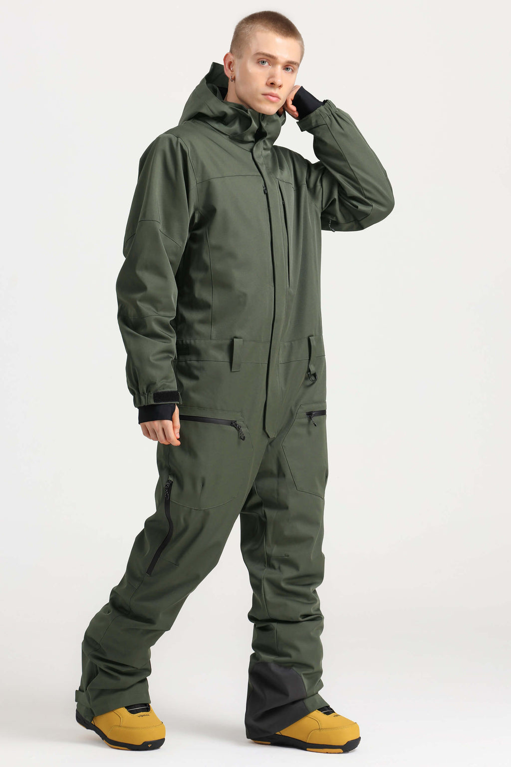 Men's Army Green Stylish Waterproof & Windproof Loose-Fit One-Piece Ski Suit With Detachable Hood & Multipockets Snowboard Suit - Gsou Snow