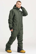 Men's Army Green Stylish Waterproof & Windproof Loose-Fit One-Piece Ski Suit With Detachable Hood & Multipockets Snowboard Suit - Gsou Snow