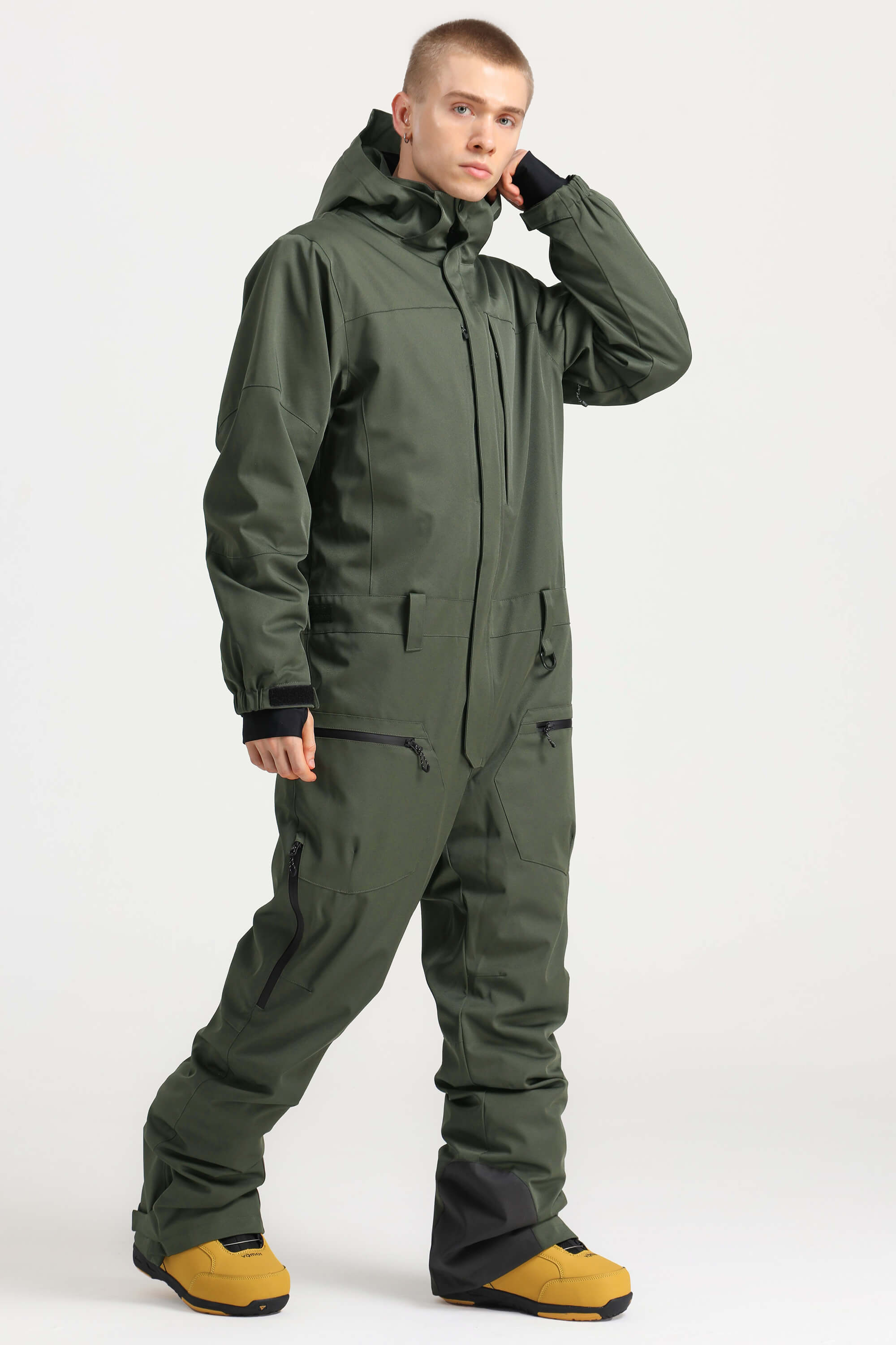 Men's Army Green Stylish Waterproof & Windproof Loose-Fit One-Piece Ski Suit With Detachable Hood & Multipockets Snowboard Suit - Gsou Snow