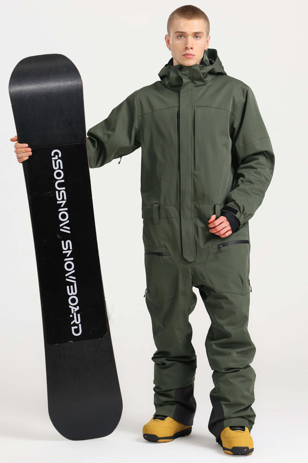 Men's Army Green Stylish Waterproof & Windproof Loose-Fit One-Piece Ski Suit With Detachable Hood & Multipockets Snowboard Suit - Gsou Snow