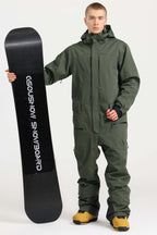 Men's Army Green Stylish Waterproof & Windproof Loose-Fit One-Piece Ski Suit With Detachable Hood & Multipockets Snowboard Suit - Gsou Snow