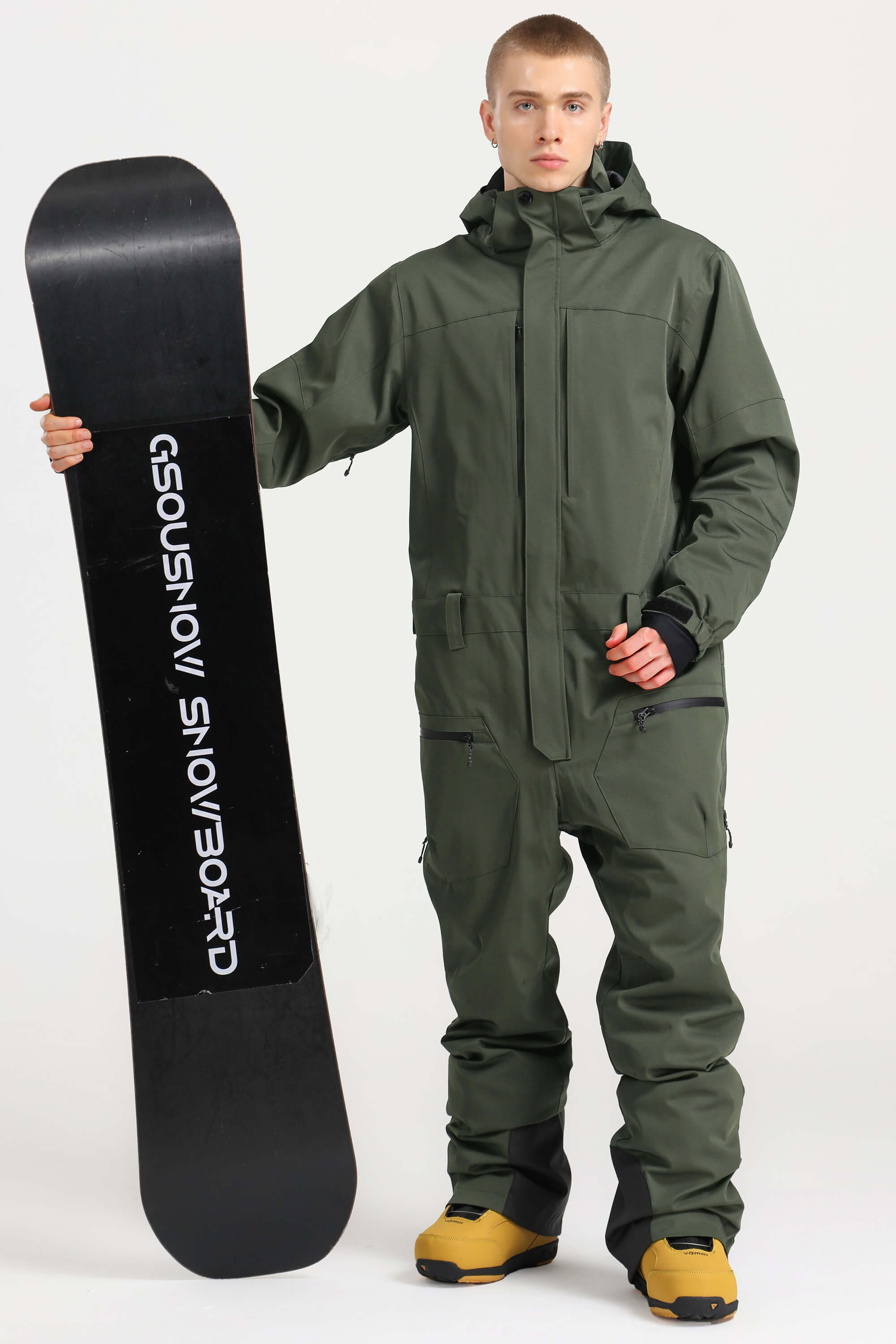 Men's Army Green Stylish Waterproof & Windproof Loose-Fit One-Piece Ski Suit With Detachable Hood & Multipockets Snowboard Suit - Gsou Snow