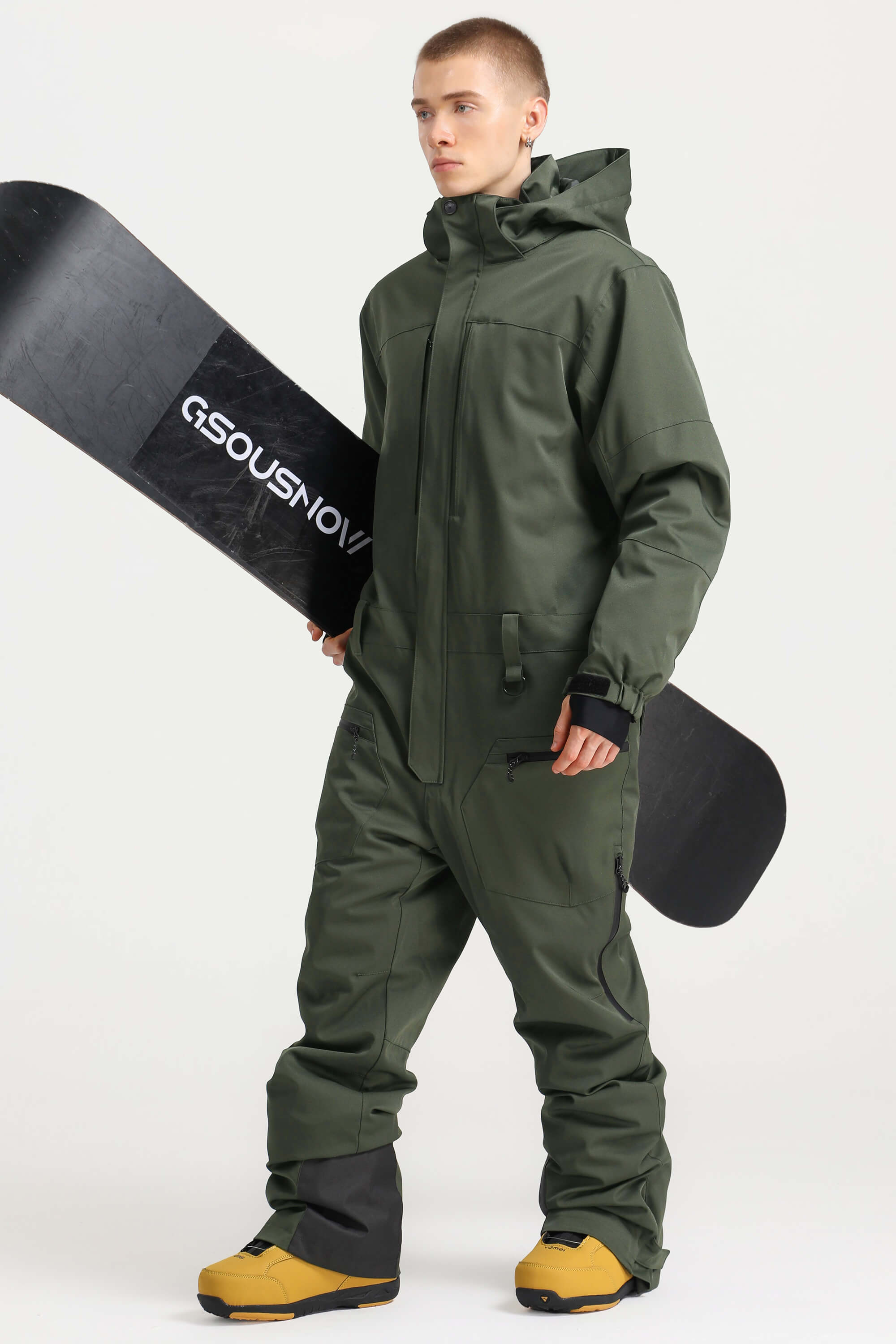 Men's Army Green Stylish Waterproof & Windproof Loose-Fit One-Piece Ski Suit With Detachable Hood & Multipockets Snowboard Suit - Gsou Snow