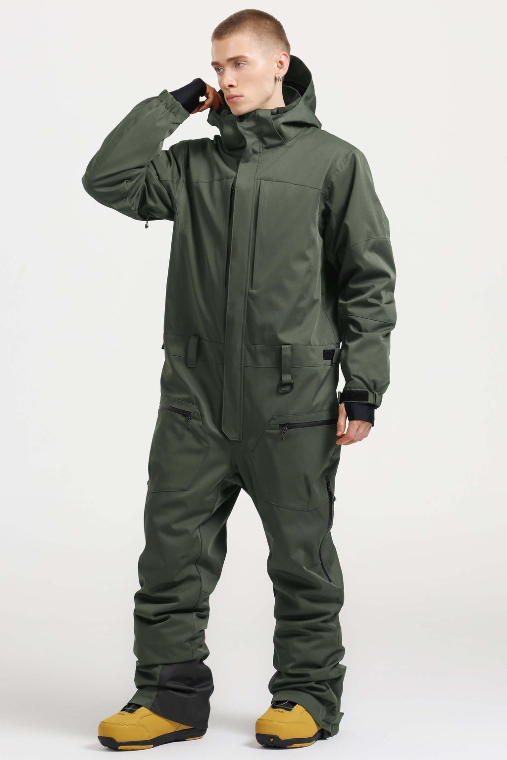 Men's Army Green Stylish Waterproof & Windproof Loose-Fit One-Piece Ski Suit With Detachable Hood & Multipockets Snowboard Suit - Gsou Snow