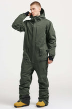 Men's Army Green Stylish Waterproof & Windproof Loose-Fit One-Piece Ski Suit With Detachable Hood & Multipockets Snowboard Suit - Gsou Snow