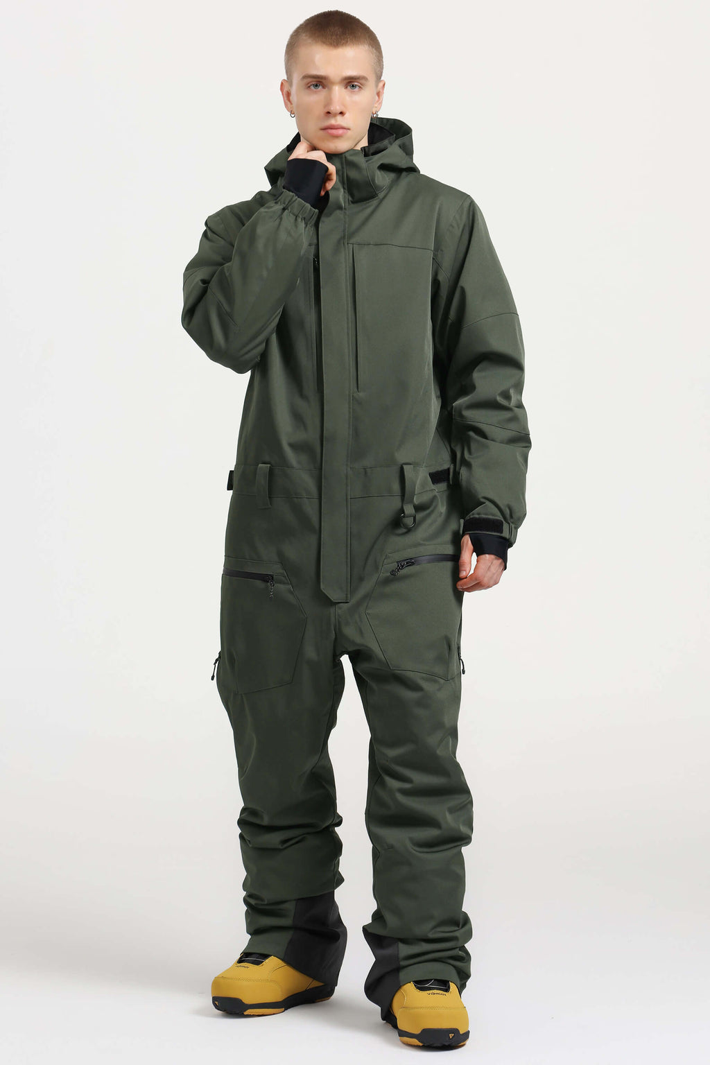 Men's Army Green Stylish Waterproof & Windproof Loose-Fit One-Piece Ski Suit With Detachable Hood & Multipockets Snowboard Suit - Gsou Snow