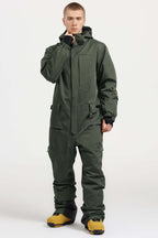 Men's Army Green Stylish Waterproof & Windproof Loose-Fit One-Piece Ski Suit With Detachable Hood & Multipockets Snowboard Suit - Gsou Snow