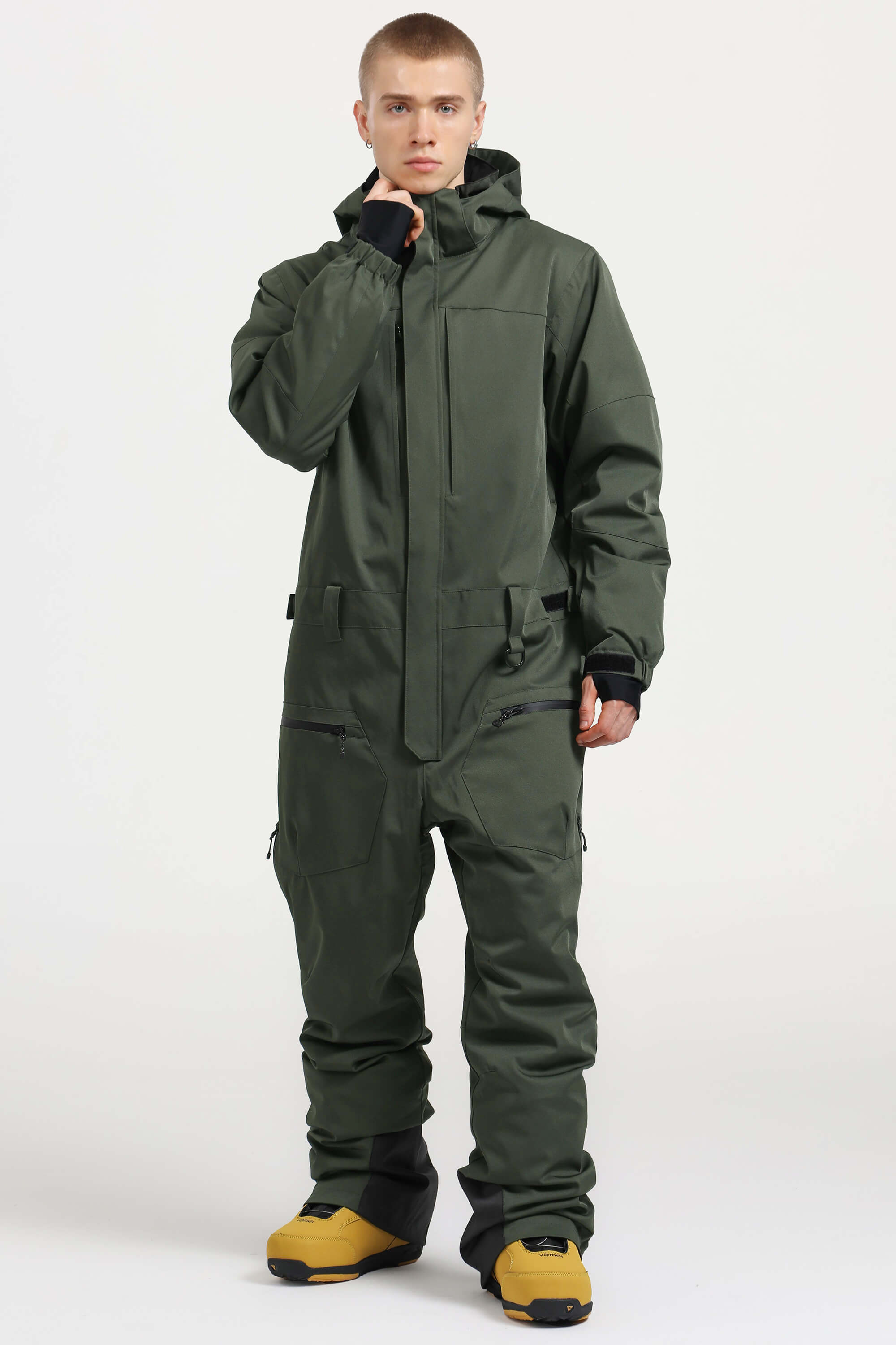 Men's Army Green Stylish Waterproof & Windproof Loose-Fit One-Piece Ski Suit With Detachable Hood & Multipockets Snowboard Suit - Gsou Snow