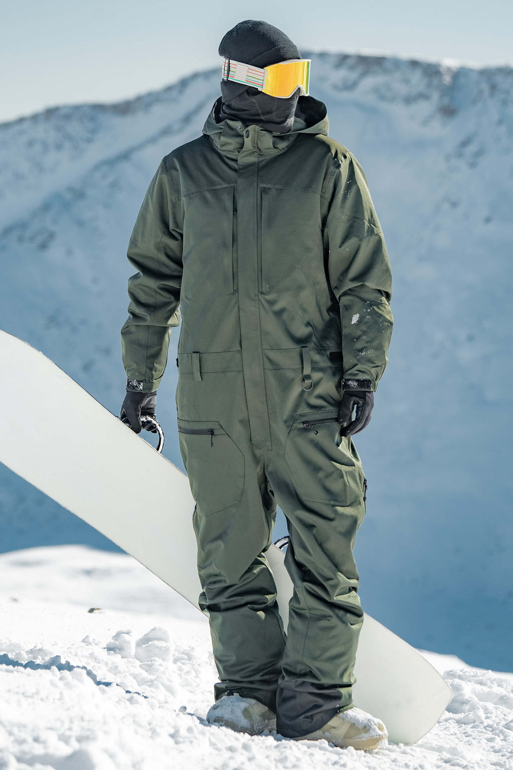 Men's Khaki Loose-Fit Waterproof & Windproof Detachable Hood One-Piece Ski Suit Snowboard Suit