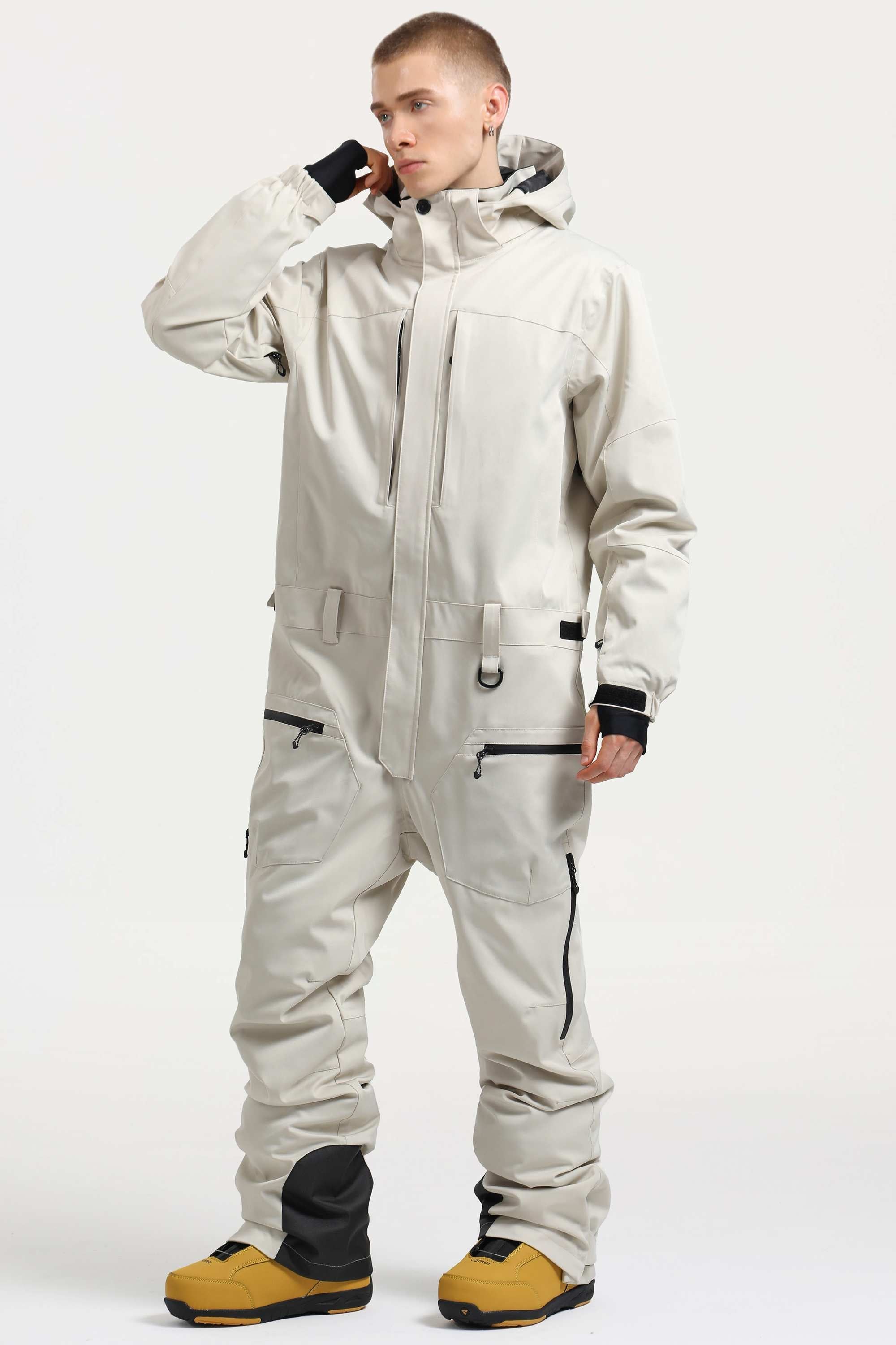 Men's Off White Loose-Fit Waterproof & Windproof Detachable Hood One-Piece Ski Suit Snowboard Suit Main image
