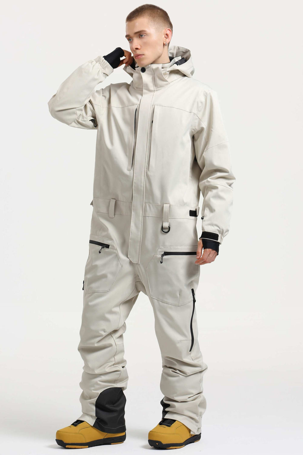 Men's Off White Stylish Waterproof & Windproof Loose-Fit One-Piece Ski Suit With Detachable Hood & Multipockets Snowboard Suit - Gsou Snow
