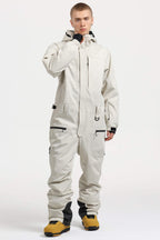 Men's Off White Stylish Waterproof & Windproof Loose-Fit One-Piece Ski Suit With Detachable Hood & Multipockets Snowboard Suit - Gsou Snow