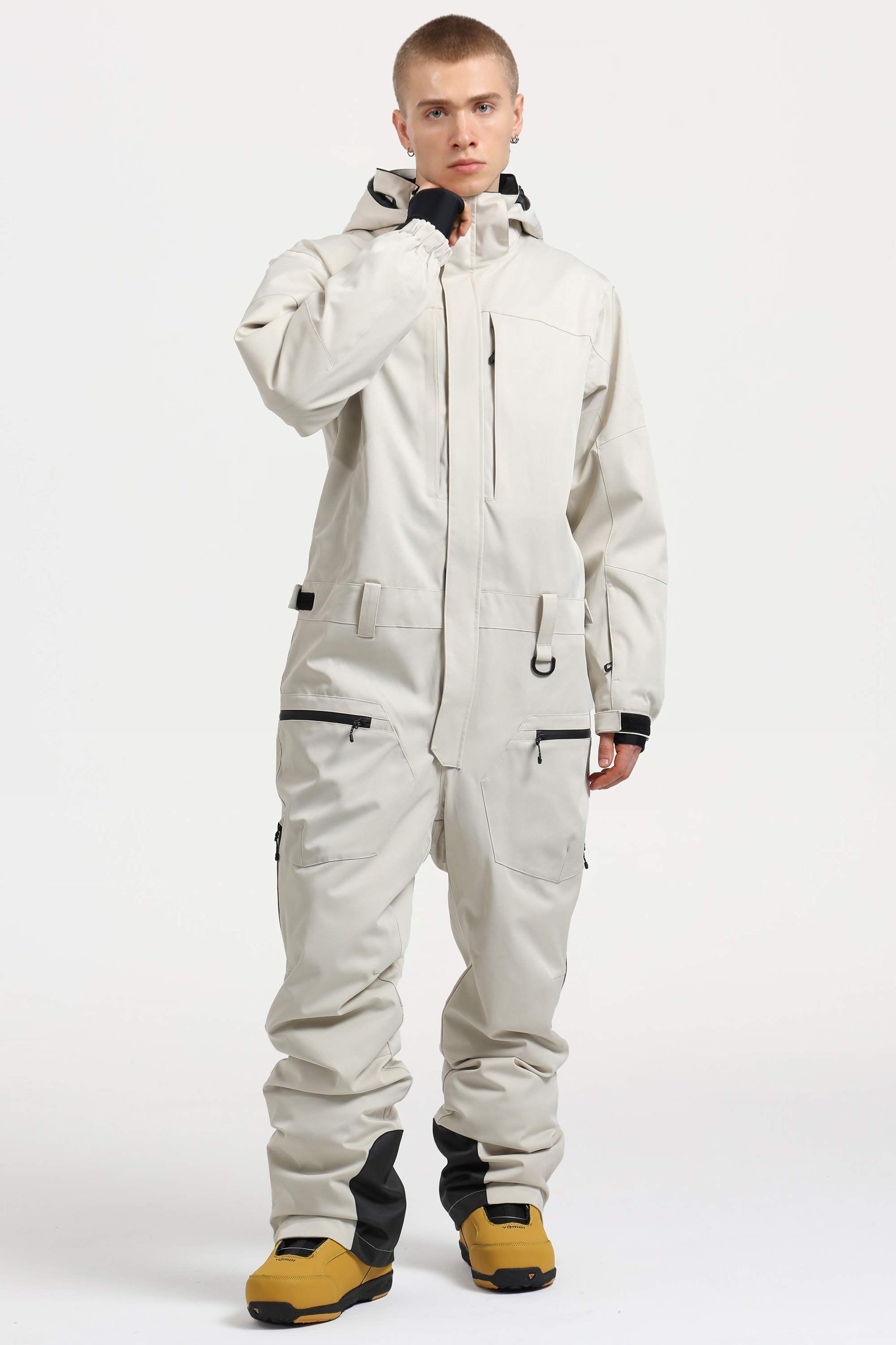 Men's Off White Stylish Waterproof & Windproof Loose-Fit One-Piece Ski Suit With Detachable Hood & Multipockets Snowboard Suit - Gsou Snow