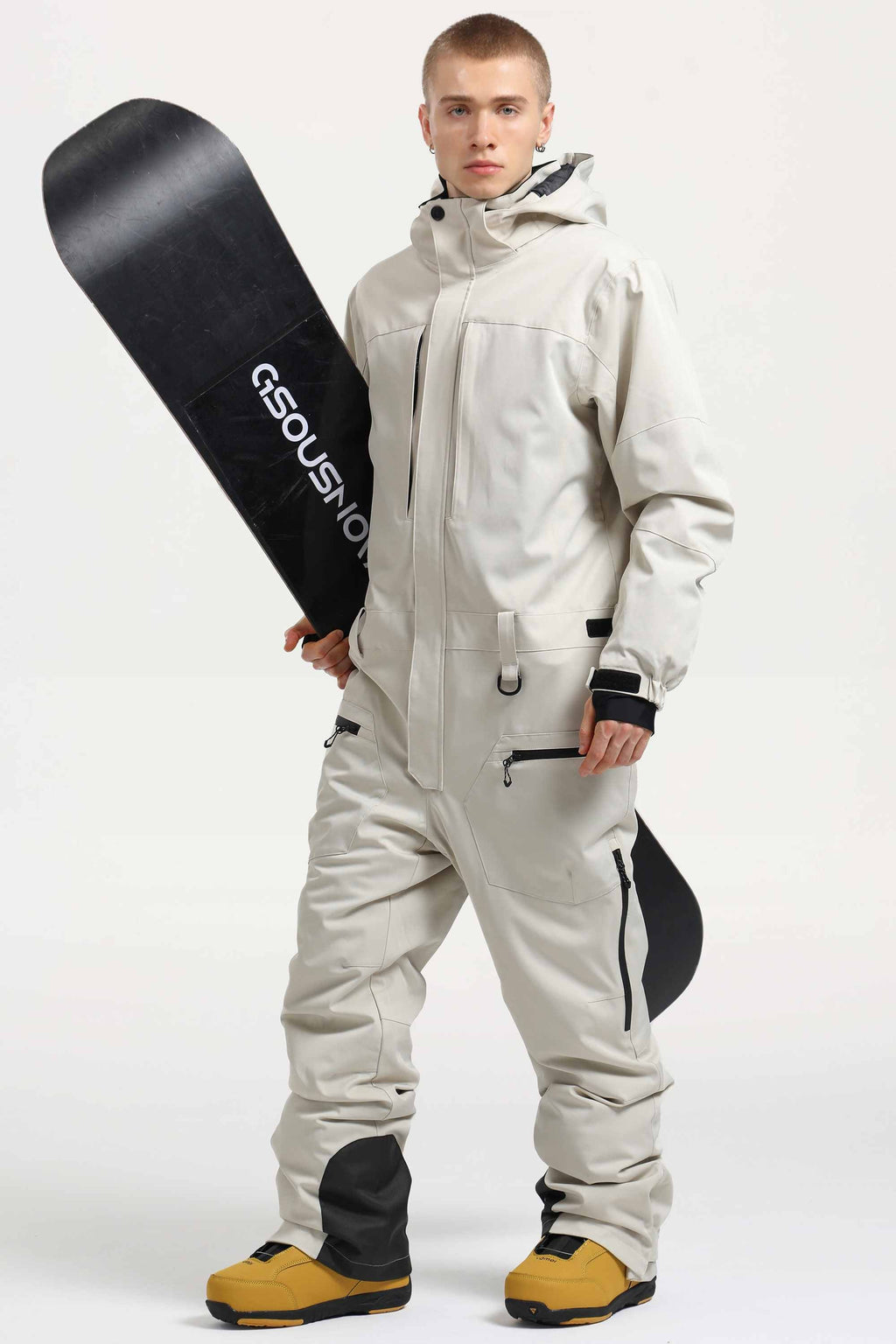 Men's Khaki Loose-Fit Waterproof & Windproof Detachable Hood One-Piece Ski Suit Snowboard Suit