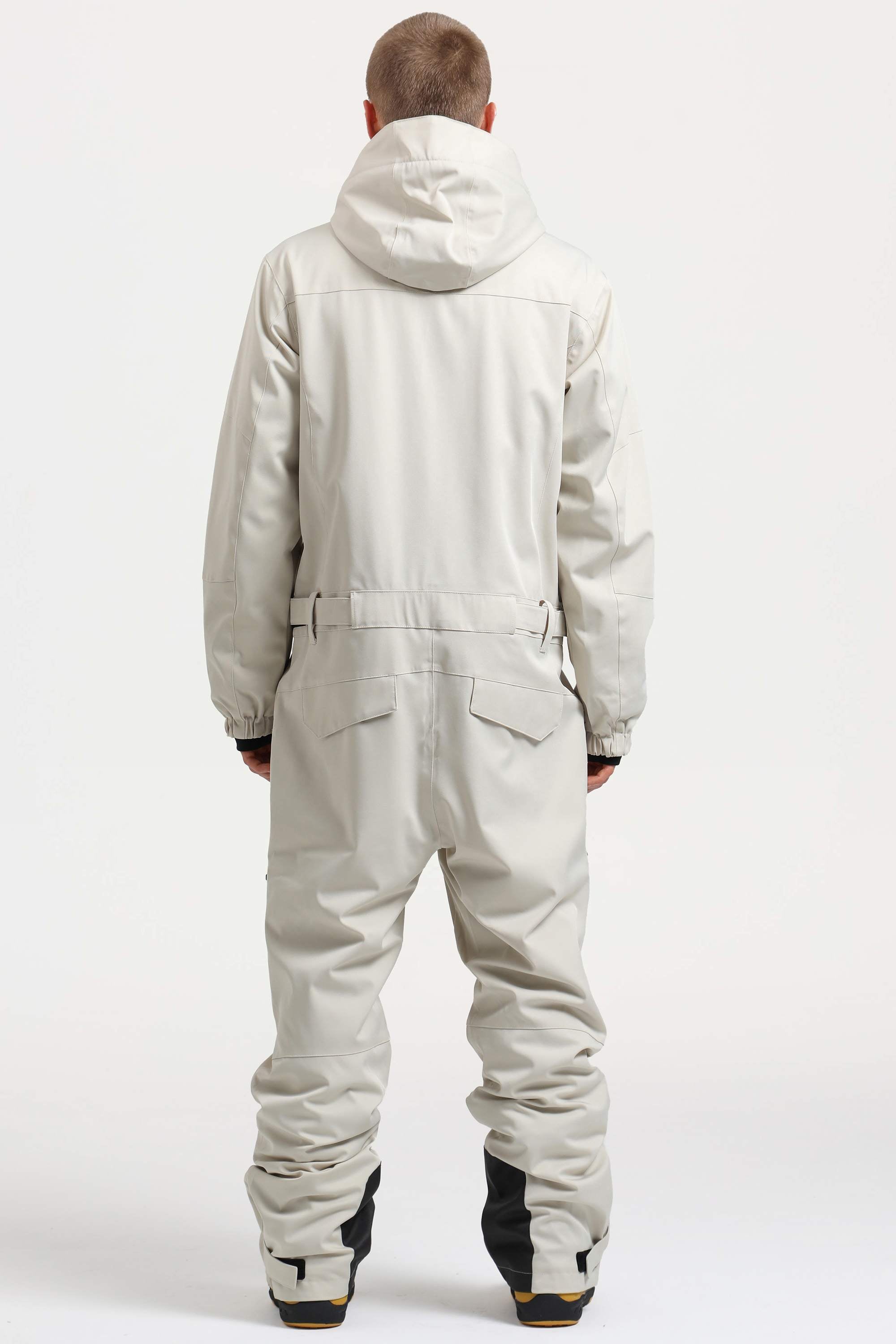 Men's Off White Stylish Waterproof & Windproof Loose-Fit One-Piece Ski Suit With Detachable Hood & Multipockets Snowboard Suit - Gsou Snow