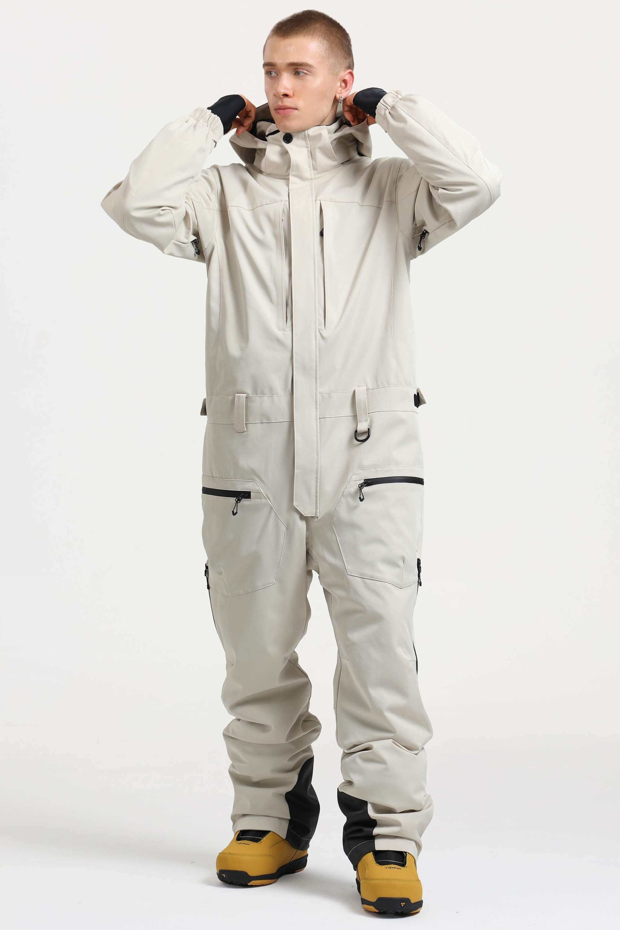 Men's Army Green Loose-Fit Waterproof & Windproof Detachable Hood One-Piece Ski Suit Snowboard Suit