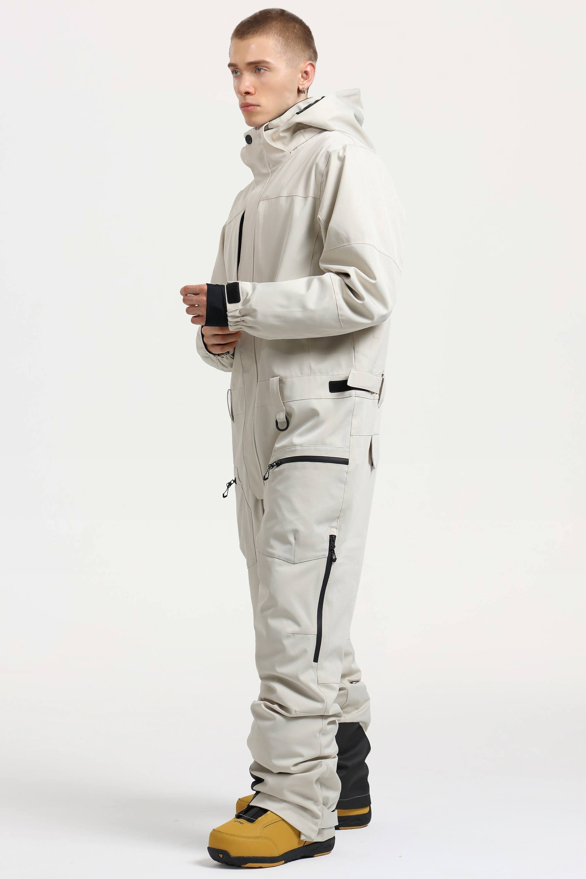 Men's Off White Stylish Waterproof & Windproof Loose-Fit One-Piece Ski Suit With Detachable Hood & Multipockets Snowboard Suit - Gsou Snow