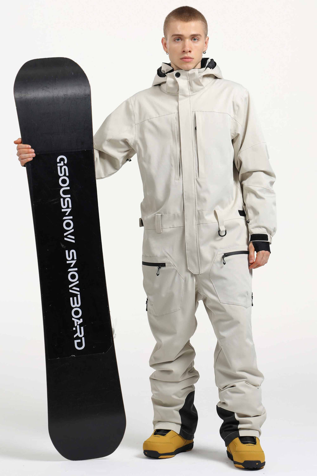 Men's Off White Stylish Waterproof & Windproof Loose-Fit One-Piece Ski Suit With Detachable Hood & Multipockets Snowboard Suit - Gsou Snow