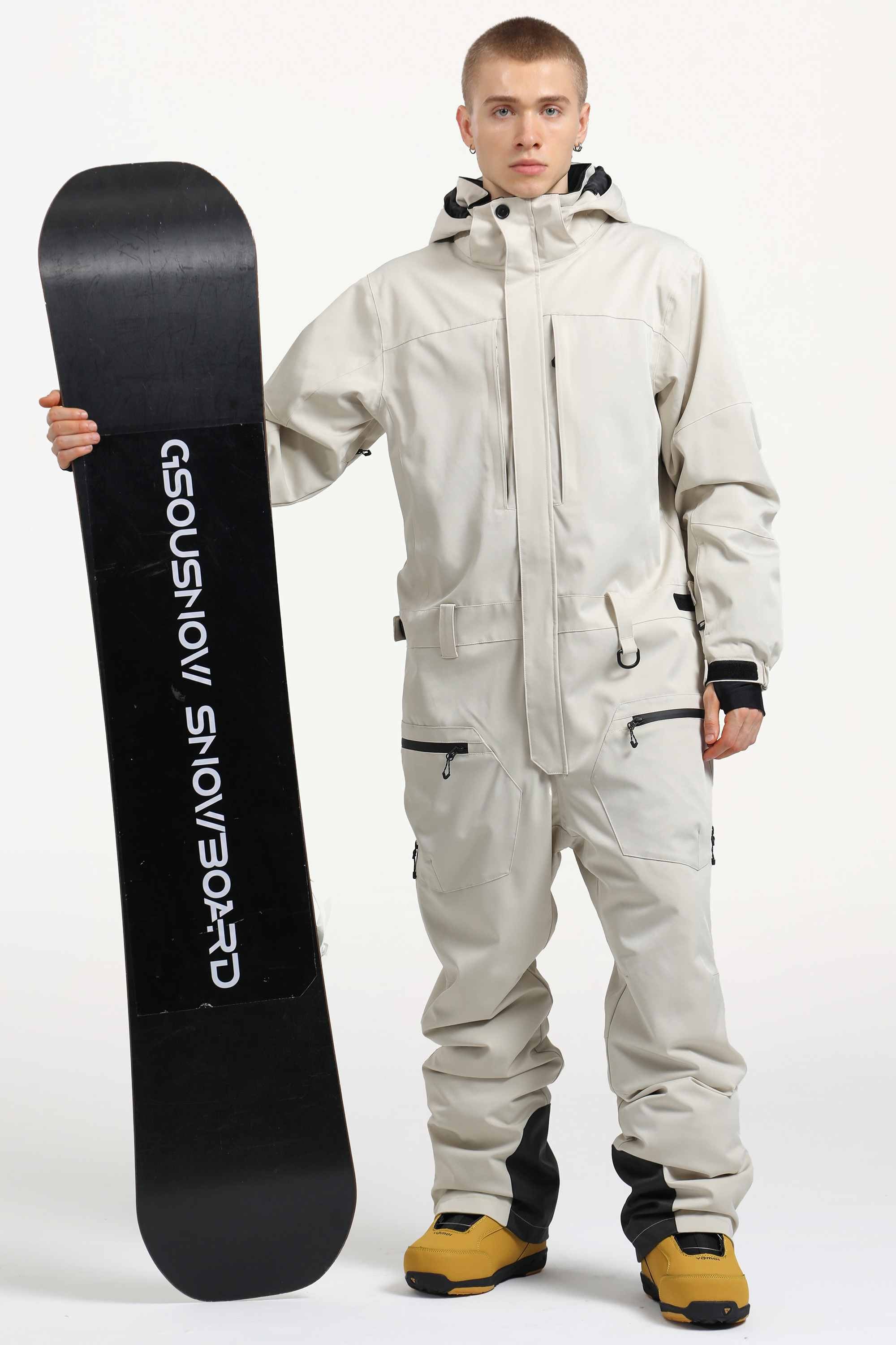Men's Off White Stylish Waterproof & Windproof Loose-Fit One-Piece Ski Suit With Detachable Hood & Multipockets Snowboard Suit - Gsou Snow