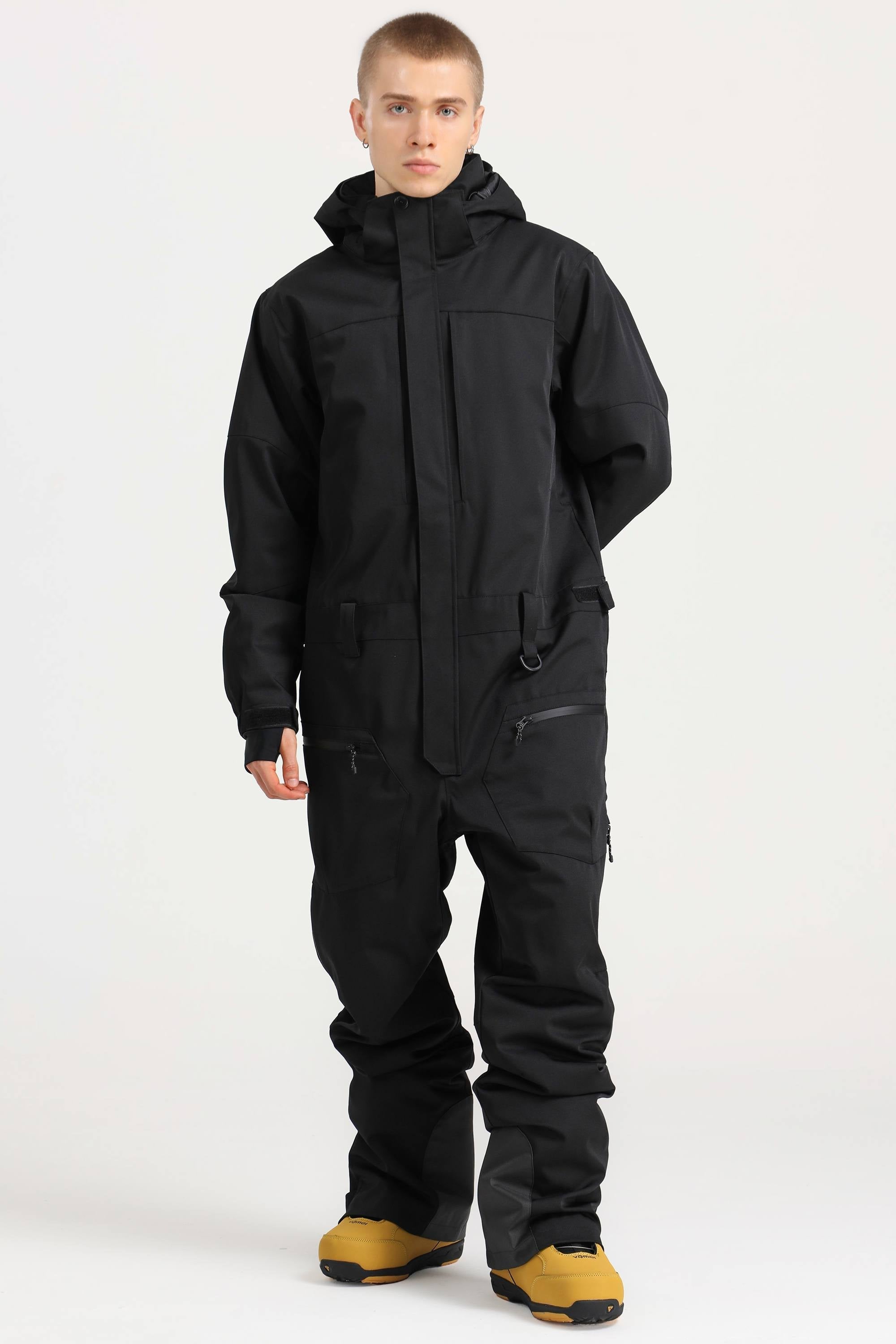 Men's Black Loose-Fit Waterproof & Windproof Detachable Hood One-Piece Ski Suit Snowboard Suit Main image