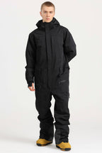 Men's Black Stylish Waterproof & Windproof Loose-Fit One-Piece Ski Suit With Detachable Hood & Multipockets Snowboard Suit - Gsou Snow