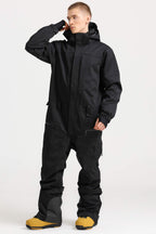 Men's Black Stylish Waterproof & Windproof Loose-Fit One-Piece Ski Suit With Detachable Hood & Multipockets Snowboard Suit - Gsou Snow