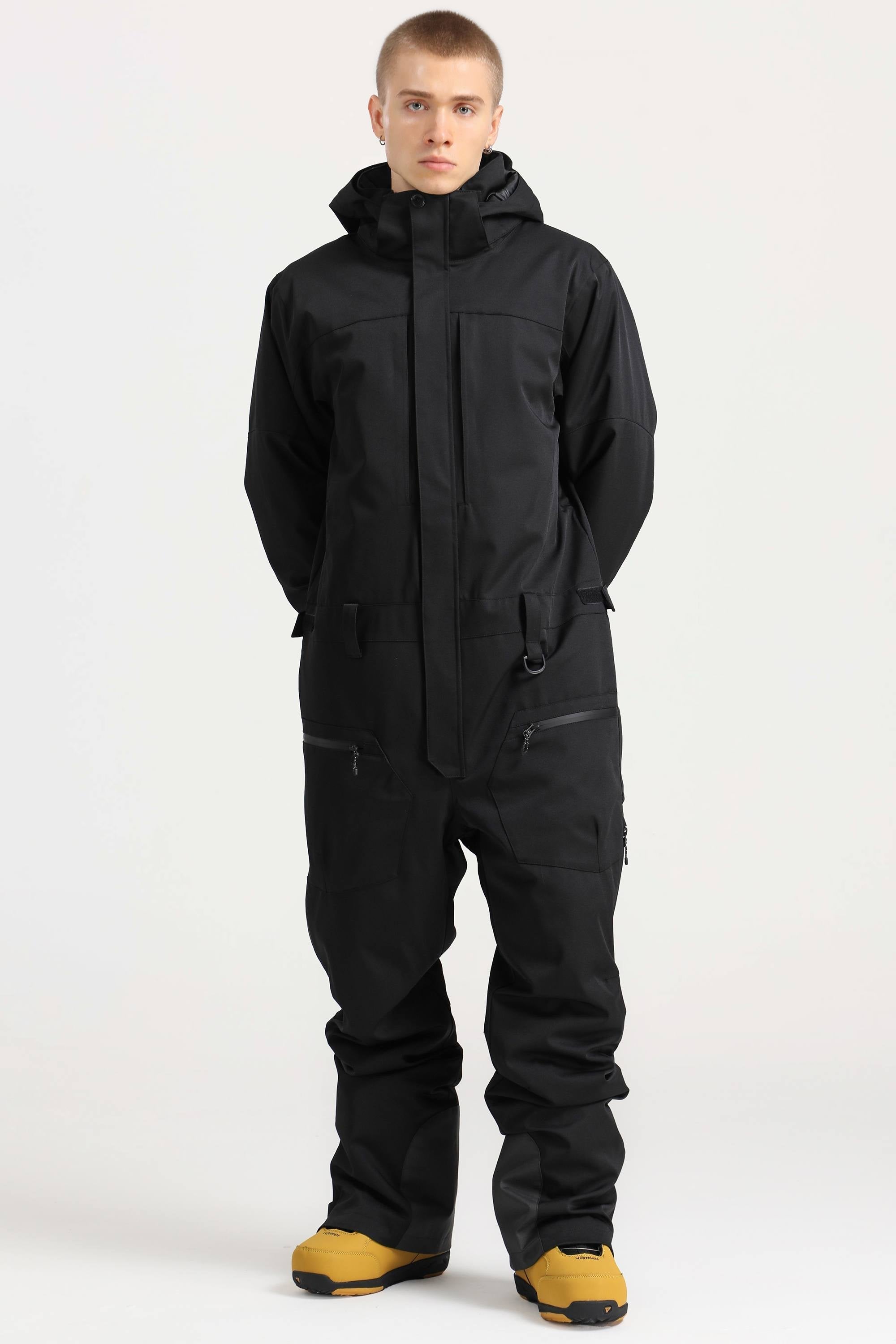 Men's Black Stylish Waterproof & Windproof Loose-Fit One-Piece Ski Suit With Detachable Hood & Multipockets Snowboard Suit - Gsou Snow