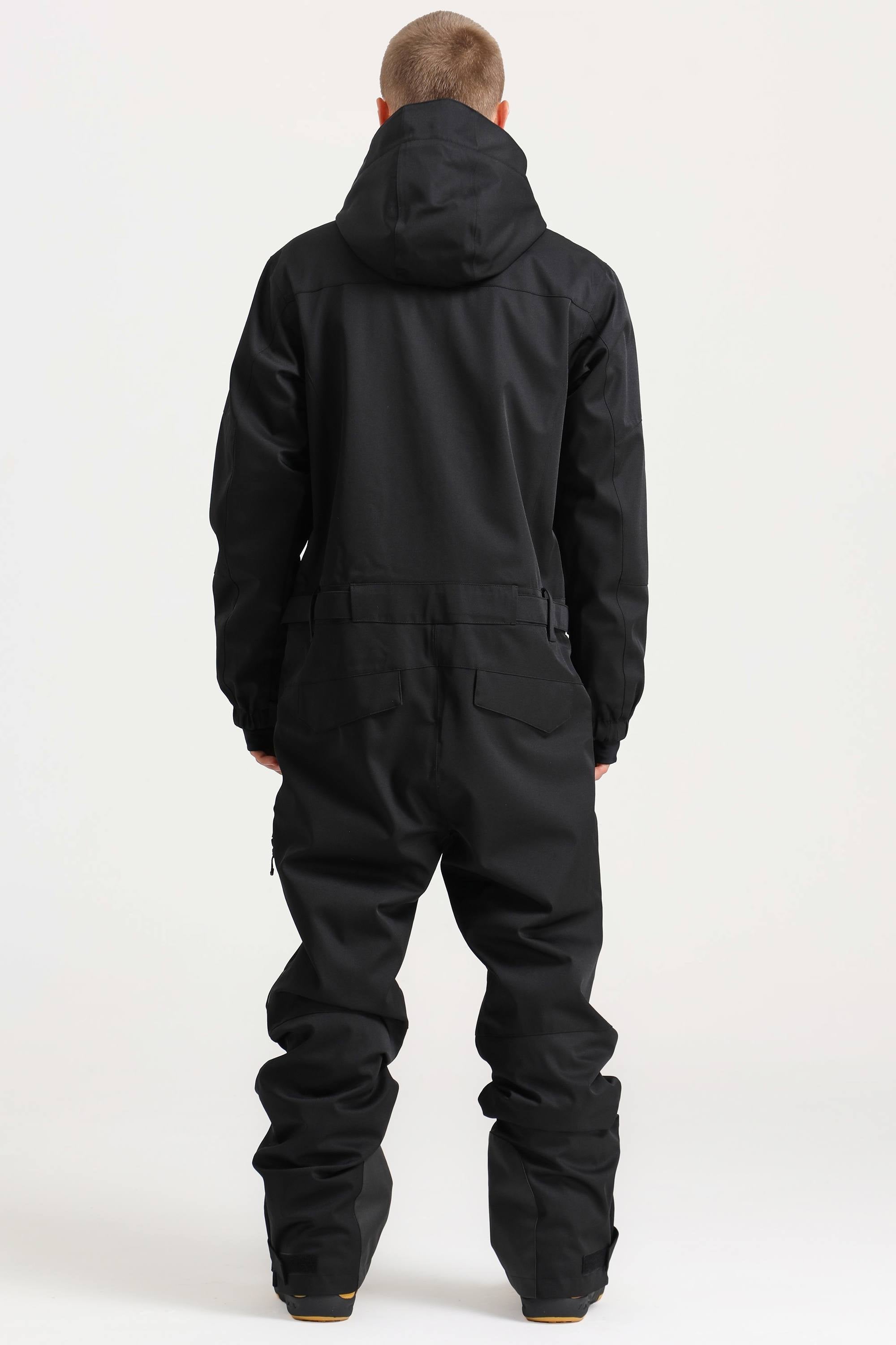Men's Black Stylish Waterproof & Windproof Loose-Fit One-Piece Ski Suit With Detachable Hood & Multipockets Snowboard Suit - Gsou Snow