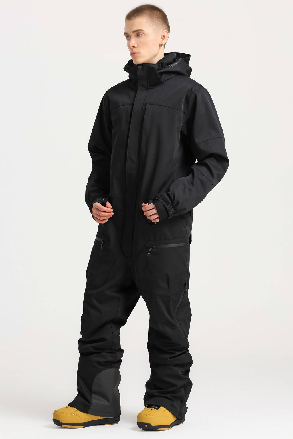 Men's Black Stylish Waterproof & Windproof Loose-Fit One-Piece Ski Suit With Detachable Hood & Multipockets Snowboard Suit - Gsou Snow