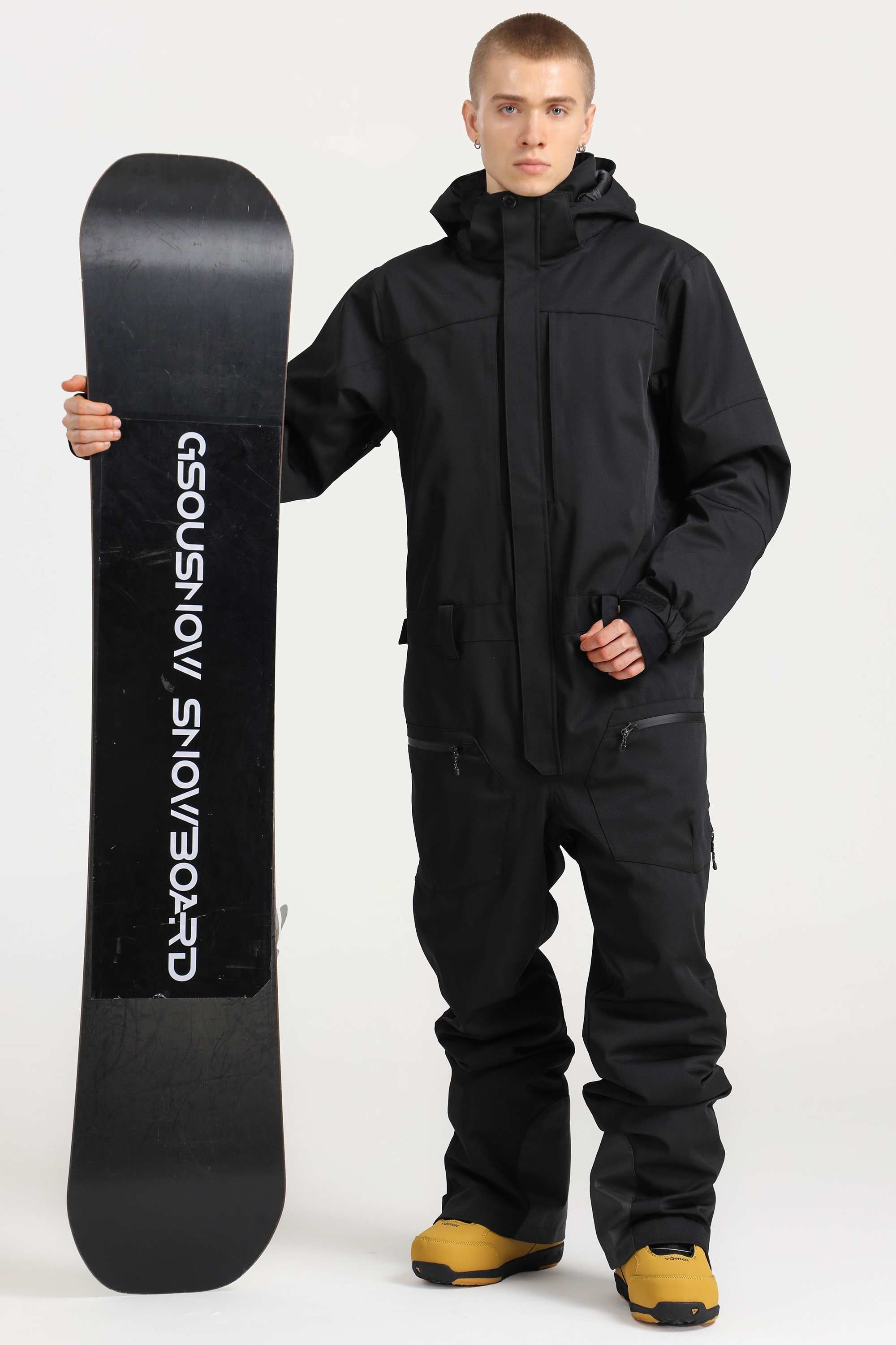 Men's Khaki Loose-Fit Waterproof & Windproof Detachable Hood One-Piece Ski Suit Snowboard Suit