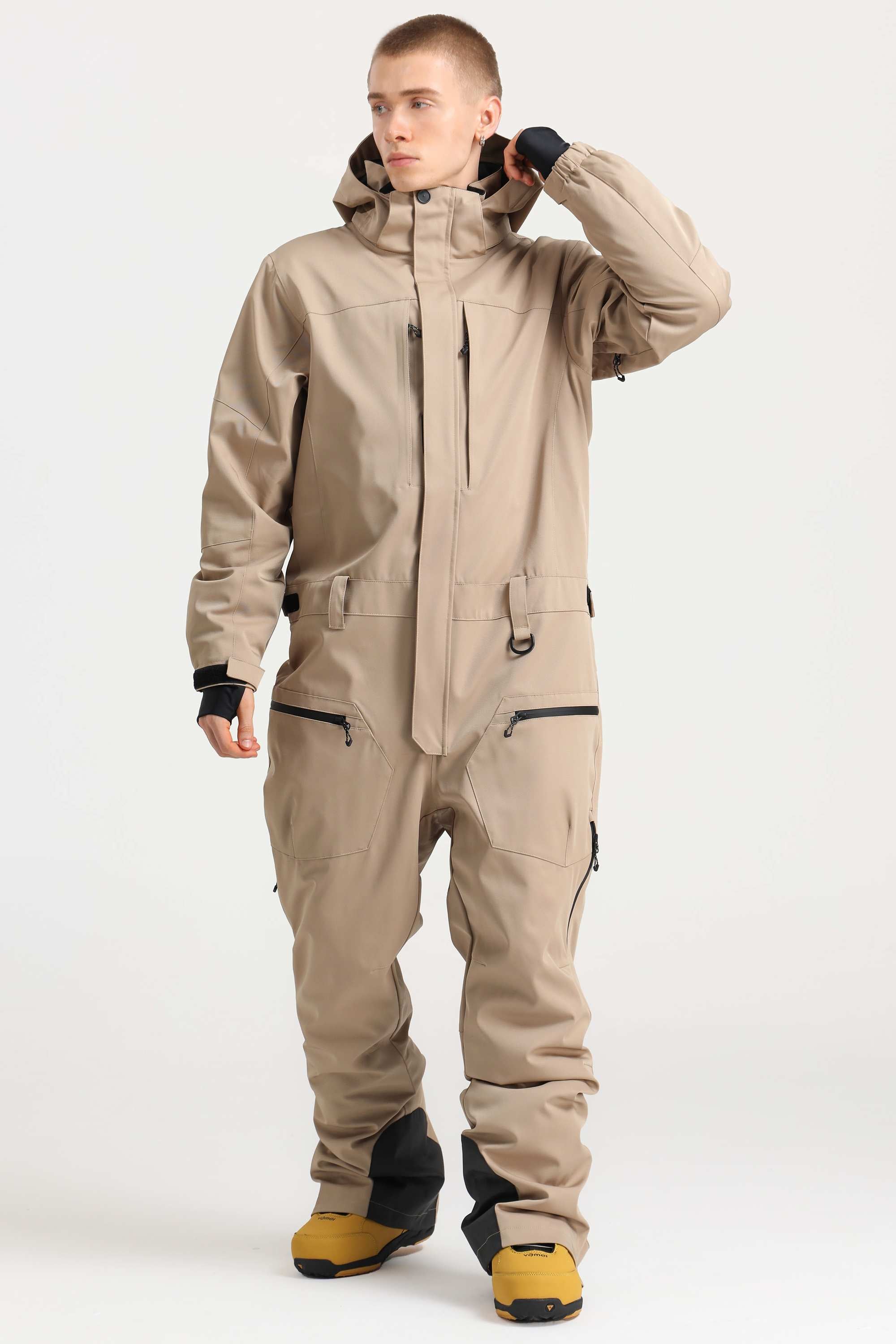 Men's Khaki Loose-Fit Waterproof & Windproof Detachable Hood One-Piece Ski Suit Snowboard Suit