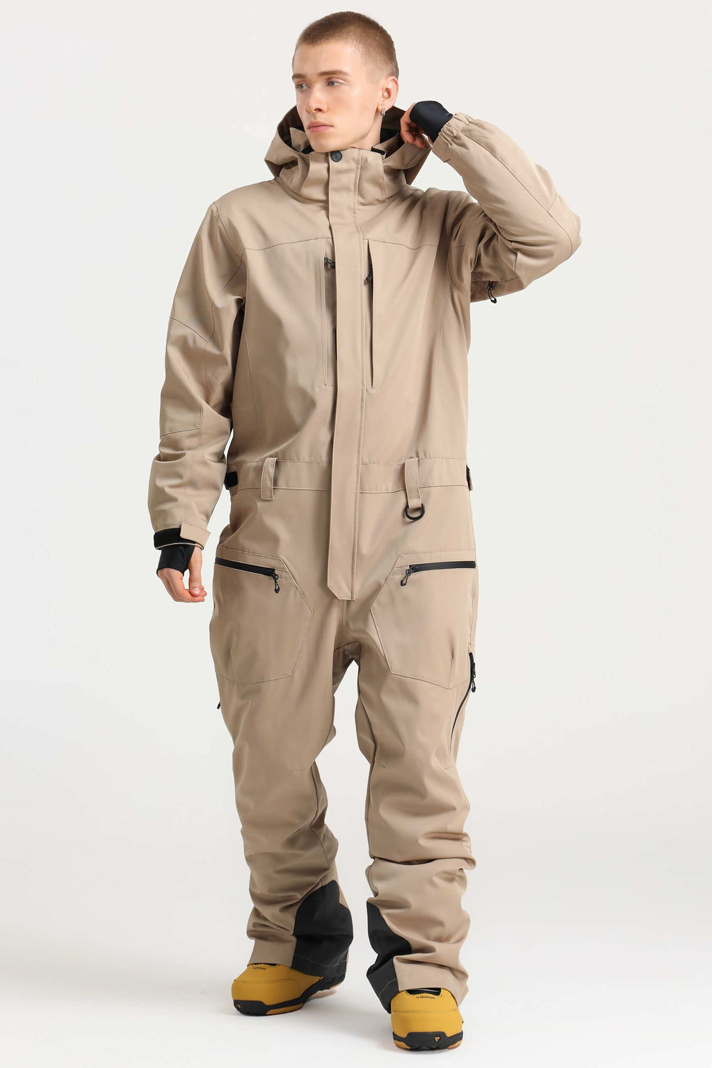 Men's Khaki Stylish Waterproof & Windproof Loose-Fit One-Piece Ski Suit With Detachable Hood & Multipockets Snowboard Suit - Gsou Snow