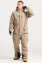 Men's Khaki Stylish Waterproof & Windproof Loose-Fit One-Piece Ski Suit With Detachable Hood & Multipockets Snowboard Suit - Gsou Snow