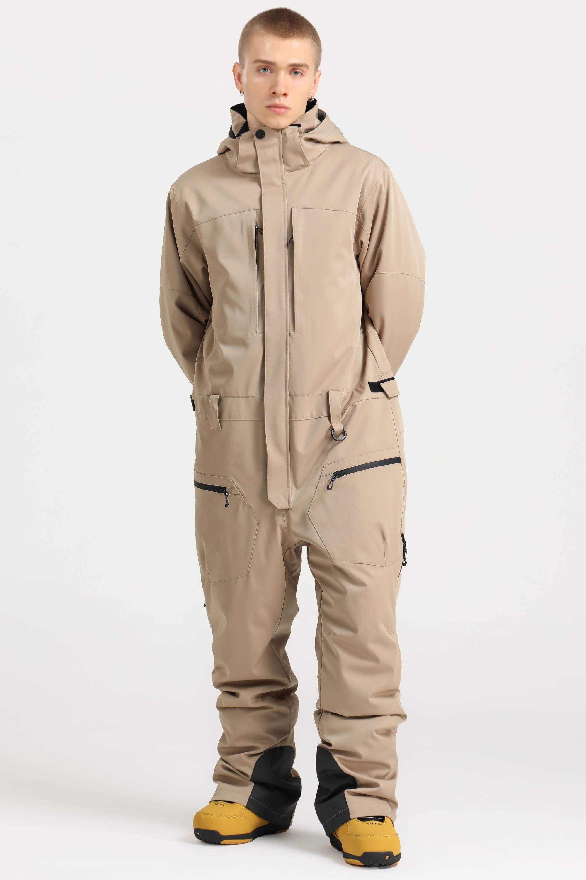 Men's Khaki Loose-Fit Waterproof & Windproof Detachable Hood One-Piece Ski Suit Snowboard Suit