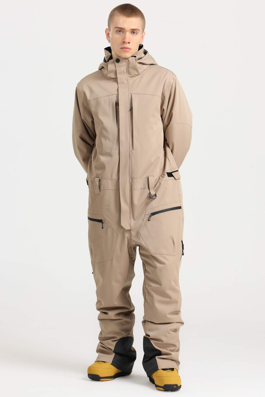 Men's Khaki Stylish Waterproof & Windproof Loose-Fit One-Piece Ski Suit With Detachable Hood & Multipockets Snowboard Suit - Gsou Snow