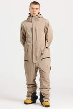 Men's Khaki Stylish Waterproof & Windproof Loose-Fit One-Piece Ski Suit With Detachable Hood & Multipockets Snowboard Suit - Gsou Snow