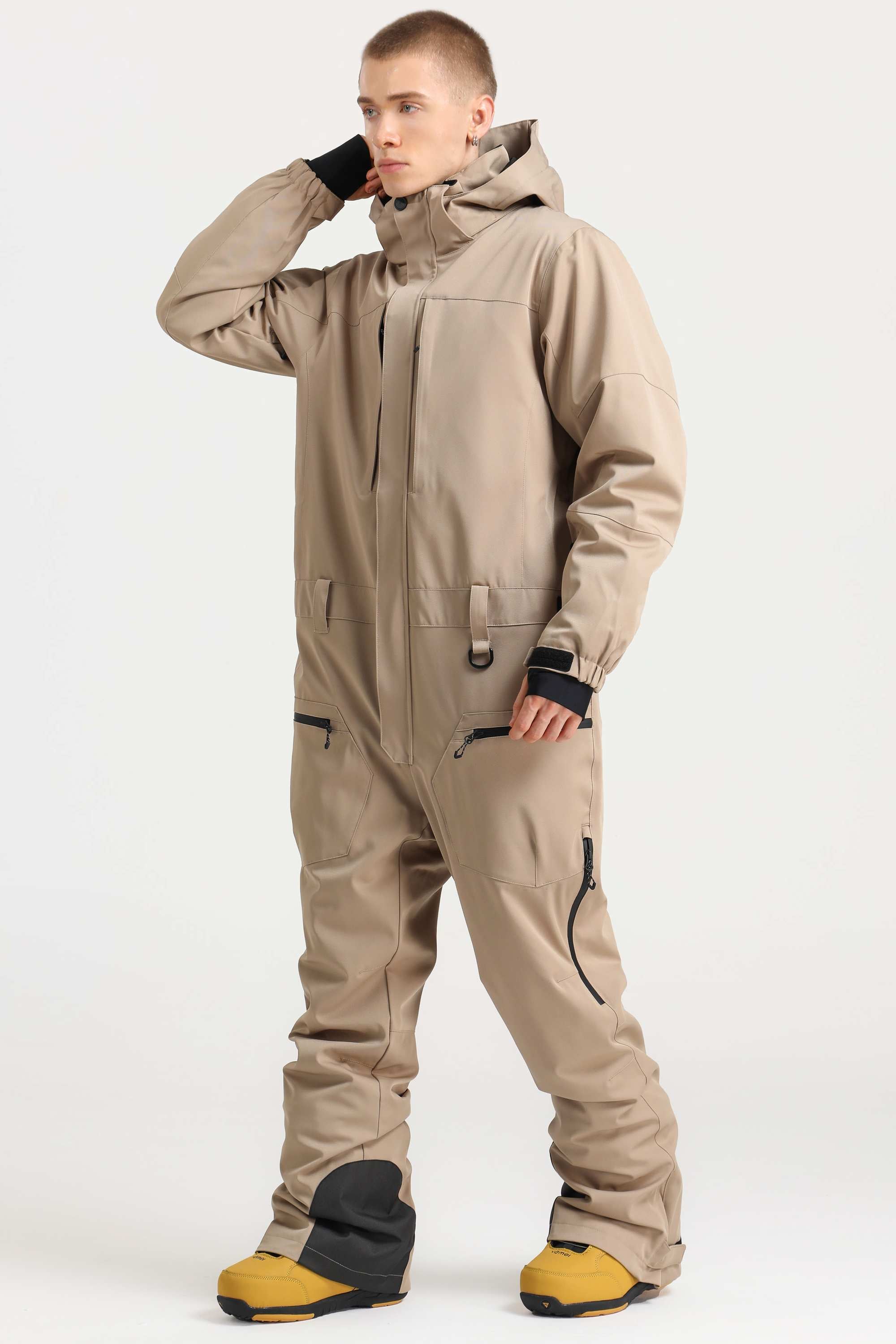 Men's Khaki Stylish Waterproof & Windproof Loose-Fit One-Piece Ski Suit With Detachable Hood & Multipockets Snowboard Suit - Gsou Snow