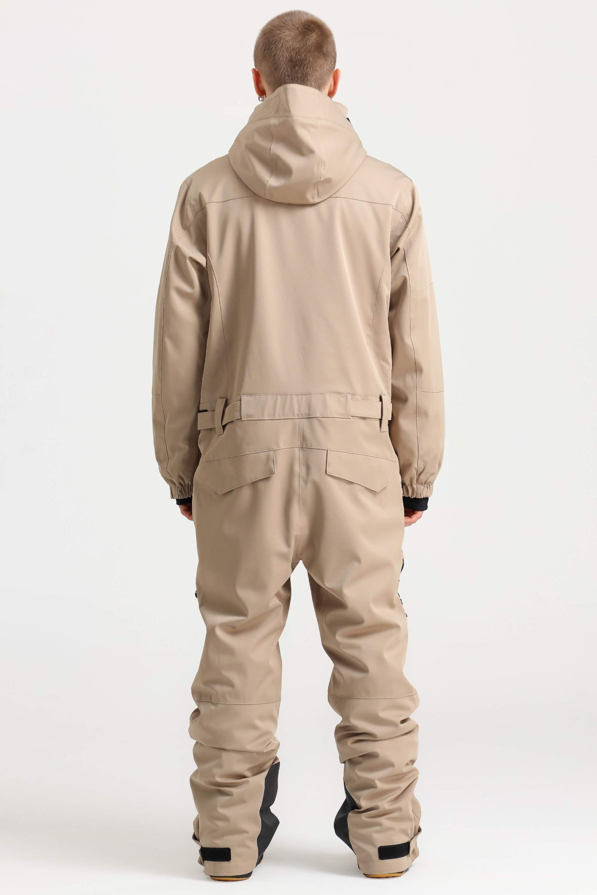 Men's Khaki Stylish Waterproof & Windproof Loose-Fit One-Piece Ski Suit With Detachable Hood & Multipockets Snowboard Suit - Gsou Snow