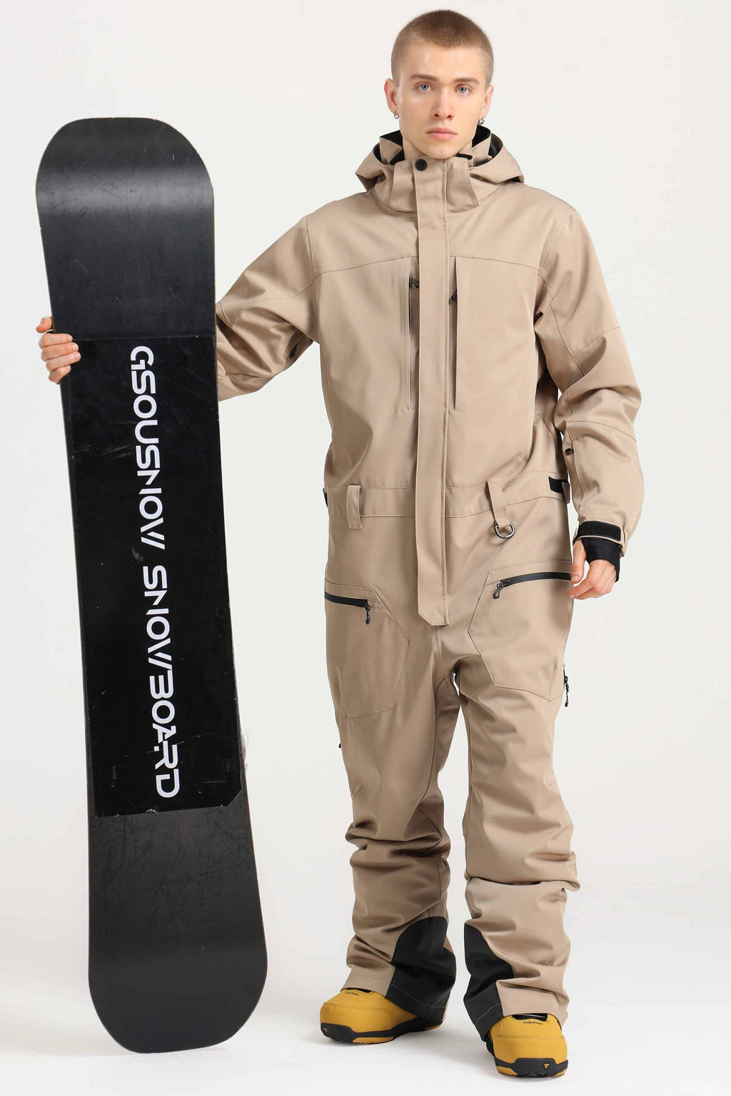 Men's Khaki Stylish Waterproof & Windproof Loose-Fit One-Piece Ski Suit With Detachable Hood & Multipockets Snowboard Suit - Gsou Snow
