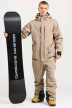 Men's Khaki Stylish Waterproof & Windproof Loose-Fit One-Piece Ski Suit With Detachable Hood & Multipockets Snowboard Suit - Gsou Snow