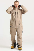 Men's Khaki Stylish Waterproof & Windproof Loose-Fit One-Piece Ski Suit With Detachable Hood & Multipockets Snowboard Suit - Gsou Snow