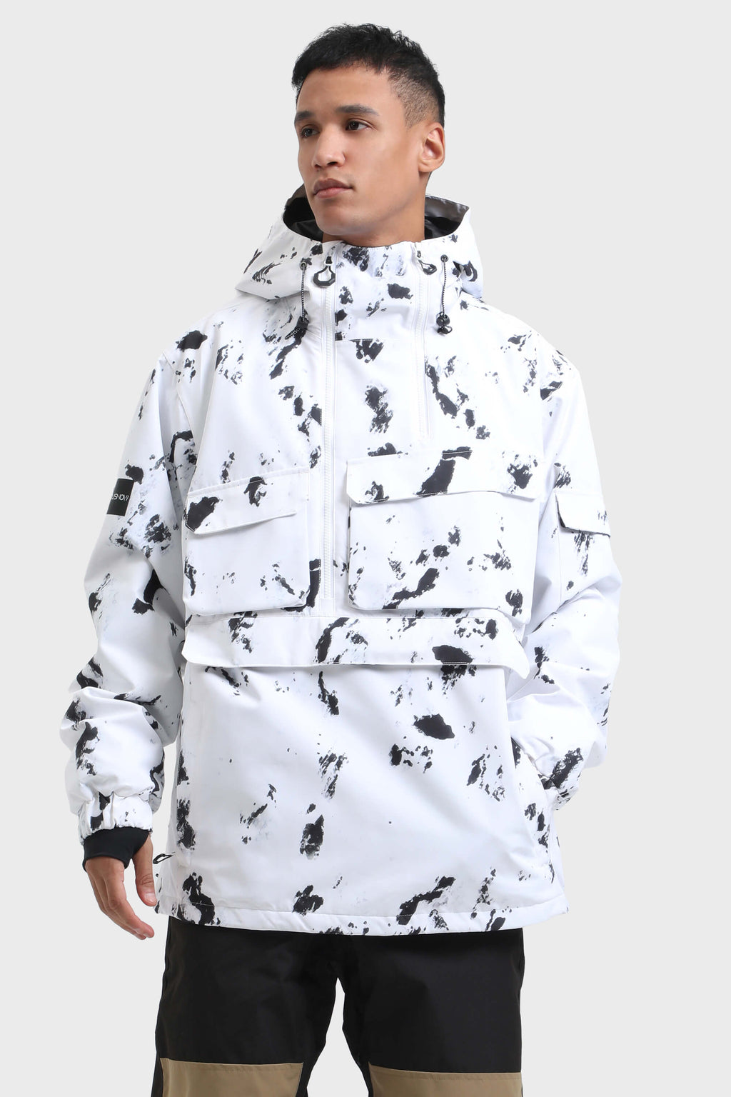 Men's Black Asymmetric Kangaroo Pocket Ski Anorak Waterproof Insulated Snow Anoraks