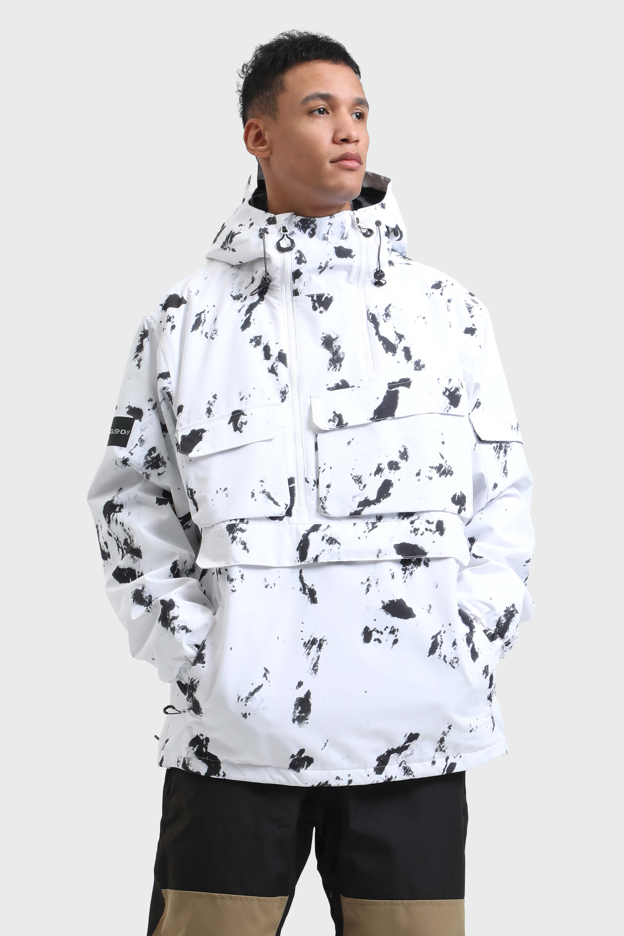 Men's White Asymmetric Kangaroo Pocket Ski Anorak Waterproof Insulated Snow Anoraks