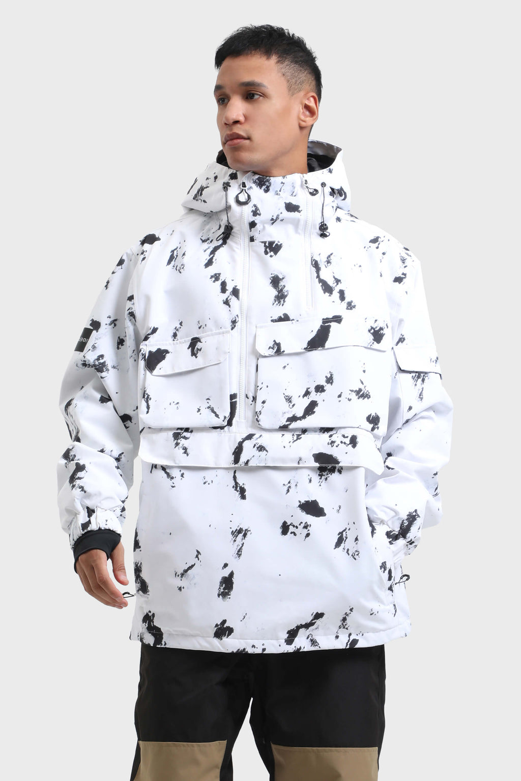 Men's Black Camo Asymmetric Kangaroo Pocket Ski Anorak Waterproof Insulated Snow Anoraks
